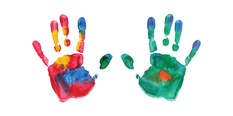 A playful and vibrant pair of colorful handprints on a clean white background, symbolizing childhood creativity.