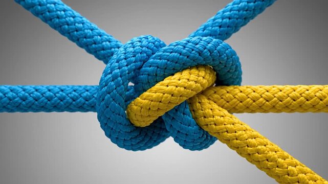 An instructional animation shows thick blue and yellow ropes weaving together to form a complex knot, cinching tighter across 8 seconds, symbolizing connection, collaboration, and strength.