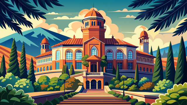 Very beautiful architectural view of the Hearst Memorial Mining Building on the University of California, Berkeley campus in Berkeley, California, USA, reflecting academic heritage and scientific stud