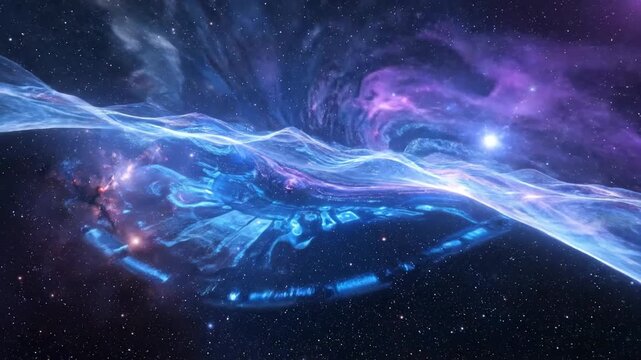 A celestial scene depicts swirling nebulas and glittering stars in deep space