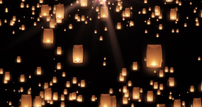 Animation of sky lanterns rising into the night sky, symbolizing love, romance, wedding celebration, hope, and Valentine&rsquo;s Day atmosphere.
