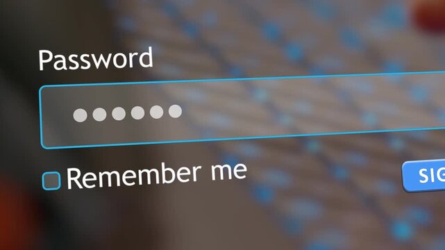 A user types their password in a website form box on a computer. The focus is on the keyboard and the action of entering the password.