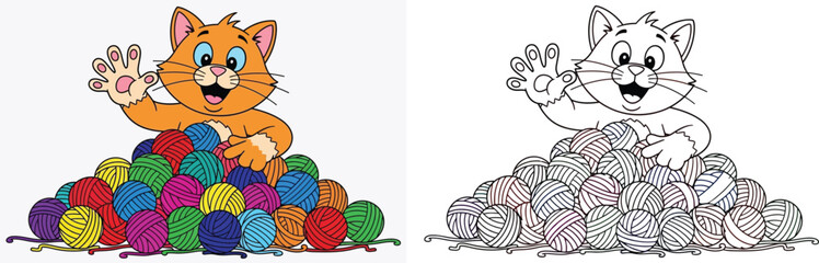 Obraz premium Funny Smiling Kitten Character Kids Coloring Page and Vector Illustration of a Cute Cartoon Cat Playing With Vibrant Yarn Balls White Background Isolated
