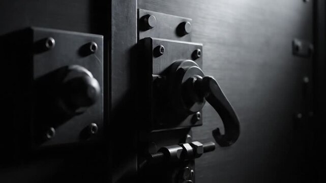 Mechanisms on a heavy metallic vault door turn slowly under dramatic, low-key lighting. Close-ups show cylindrical knobs and a circular valve wheel rotating and shifting positions over eight seconds.