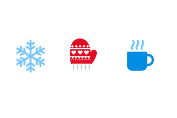 Fototapeta premium A set of three winter icons featuring a light blue snowflake, a red patterned mitten with hearts, and a blue steaming mug, all isolated on a solid black background.