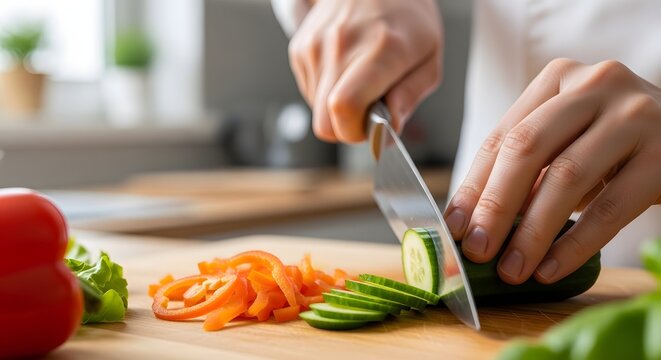 Chef slicing colorful vegetables with sharp knife