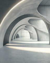 Minimalist futuristic hall with repeating arches and soft architectural light