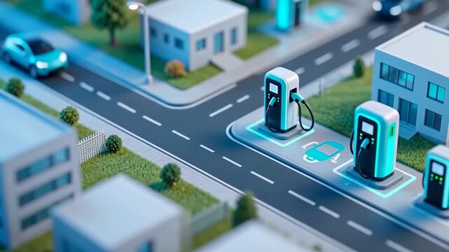 Miniature Urban street with electric vehicle charging station and modern cars representing clean energy transport, smart city mobility, and sustainable transportation concept.