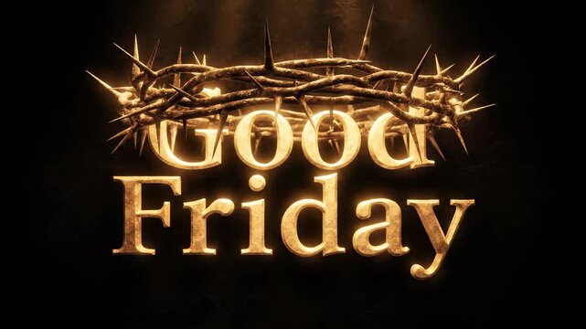 Golden text Good Friday on a dark textured wall with a crown of thorns descending from above in cinematic light. Religious holiday concept