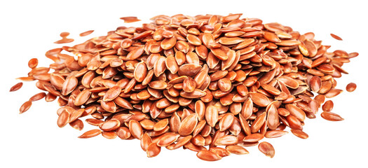 Heap of flax seeds or linseeds isolated on white background. File contains clipping path.