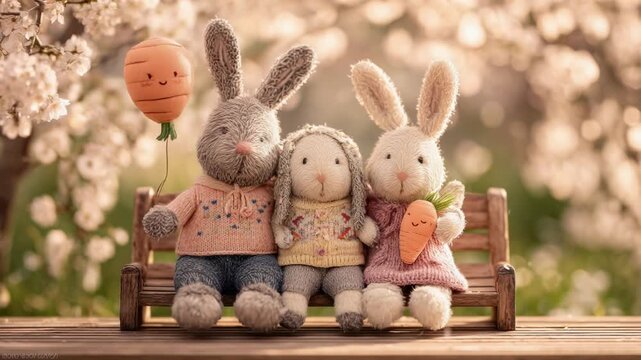 Charming easter bunny family of three plush toys holding orange carrot balloon amid cherry blossom flowers and soft lights