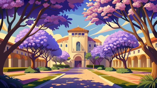Very beautiful springtime scene of blooming jacaranda trees surrounding the auditorium on the California Institute of Technology (Caltech) campus in Pasadena, California, USA.