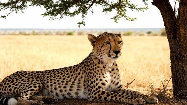 A cheetah resting beneath a tree, with grassy plains in the background