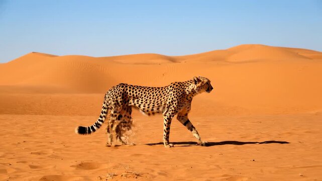 A cheetah walks across a sand dune desert under a clear blue sky