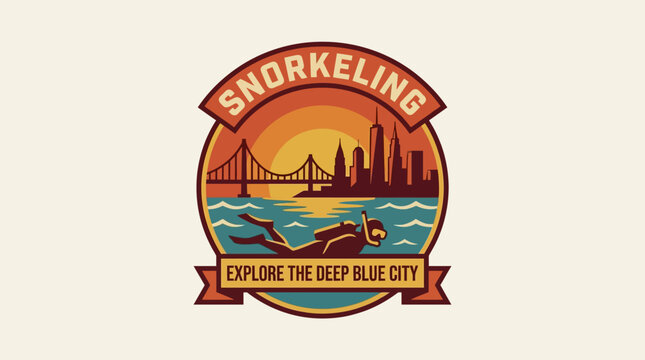 Imaginative vector badge of a scuba diver exploring an underwater urban city with a bridge at sunset
