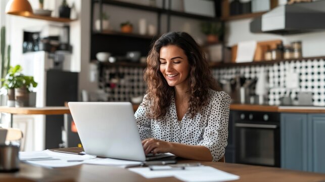 Happy woman sitting at the kitchen table with a laptop, checking documents and reviewing bills, staying organized