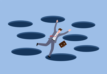 Failure,Terrified businessman fall down into the hole, failure or mistake causing catastrophe despair, problem or risk from crisis or recession