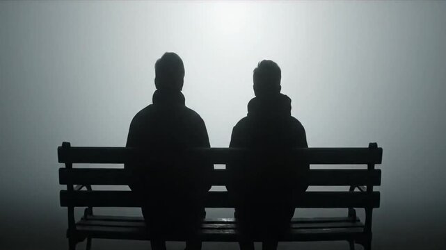 Two hooded figures sit silently on a park bench, silhouetted against a dense fog, as the camera executes a slow, deliberate zoom-in over eight seconds, intensifying the isolated and mysterious mood.
