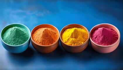 colorful powders in bowls against a blue background create a vibrant display