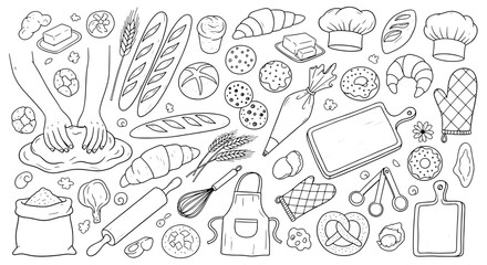 Whimsical Baking Set with Chef, Ingredients and Tools in Sketch Style