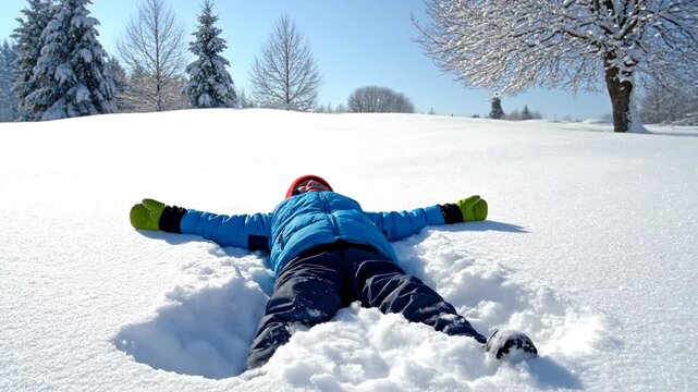 A child makes a snow angel in a snowy field with winter trees in the distance