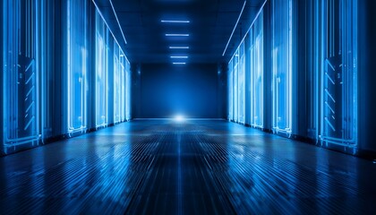 futuristic neon blue corridor abstract glowing room with modern design bright lights and reflections