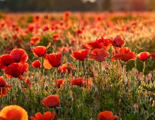 field of vibrant red poppies in full bloom swaying gently under the warm sun