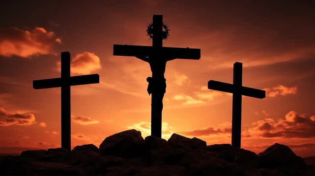 Silhouette of three crosses on golgotha hill against a dramatic orange sunset sky with moving clouds. Concept of crucifixion and religious easter sacrifice