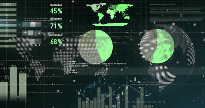 Data pulse starting global dashboard, pies filling, charts moving, globe spinning showing metrics