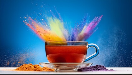 a vibrant cup of tea with colorful powder splashes on a blue background