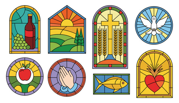 Stained glass church windows set outline vector artwork, ornamental religious interior frames, decorative geometric patterns, cathedral design, flat vector illustration.