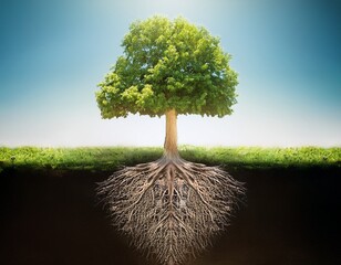 tree with branches extending upward while roots grow deeper symbolizing balance conceptual photography copy space