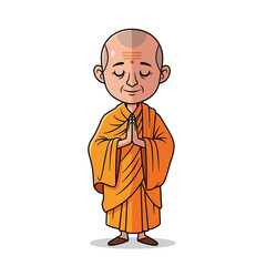 Obraz premium Cartoon Monk Praying with Hands Together, Namaste Gesture, Religious Figure