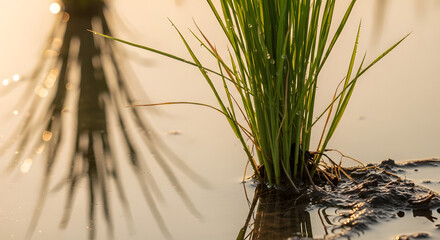 Fototapeta premium Tranquil Sunset Reflecting on the Still Waters of a Rice Terrace