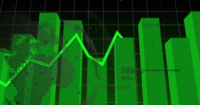 Opening revealing green 3D bars rising, neon-green polyline drawing left to right, showing trend