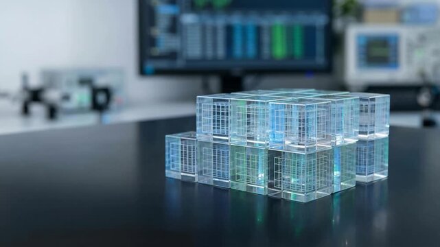 Quantum security lattice grid structure geometry concept with stacked glass cube block desk soft laboratory light and hand arranging transparent cube