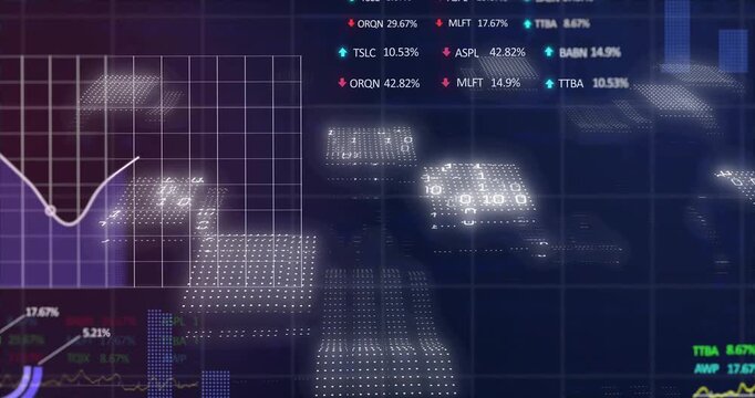 Left grid appearing, dotted clusters shifting forward and plotting curve showing market trends HUD