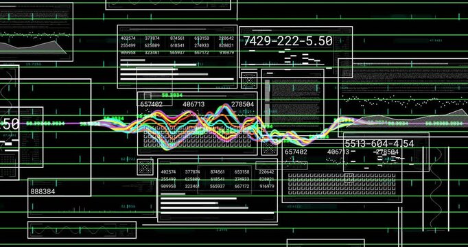 Multicolored waveform diverging from baseline, generating panels and labels to visualize data