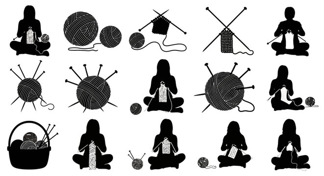Knitting and crochet vector silhouette icons set. Woman knitting, yarn balls, knitting needles, crochet hook, basket, isolated on white