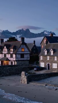 Vertical video: Shifting, camera showing half-timbered house aglow while capturing wet reflections