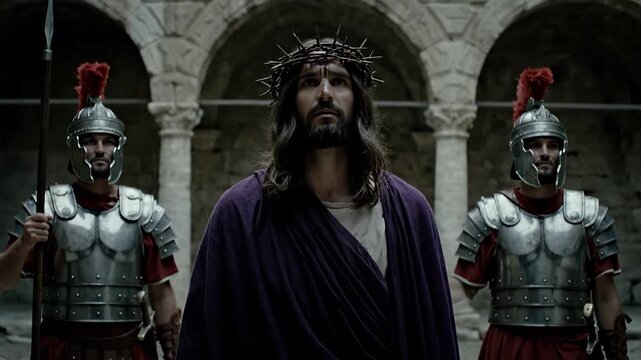 Bearded caucasian man as jesus christ in purple robes and crown of thorns standing between two roman soldiers in armor in a stone courtyard. Concept of the passion of christ
