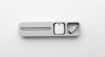 Gray Desk Organizer with Pen, Earbuds, and USB Drive