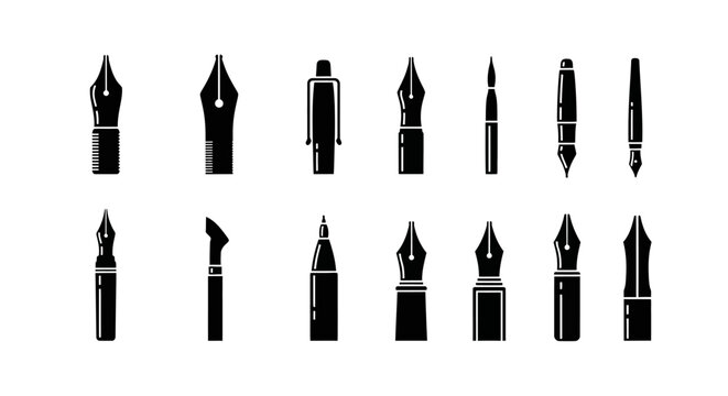 Vector black ink pen nibs and fountain pen tips icon set, isolated on white