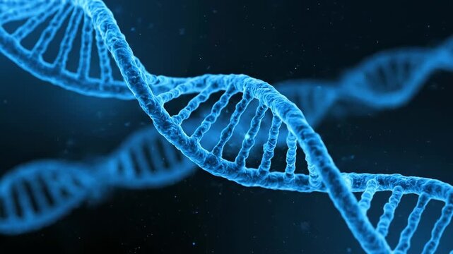 A close-up, blue-toned depiction of a double helix