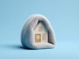 House Wrapped in Woolen Blanket, Blue Studio Background, Cold Winter Concept