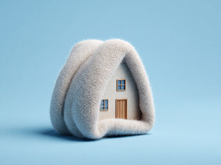 House Wrapped in Woolen Blanket, Blue Studio Background, Cold Winter Concept