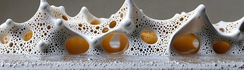 Intricate structure of stable foam displaying varied bubble sizes and amber liquid pockets