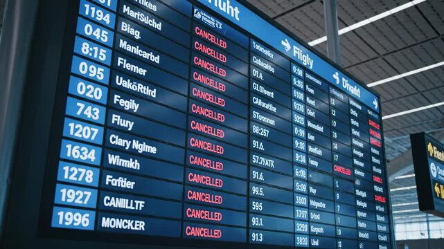 A close-up of a blue flight information board at an airport terminal
