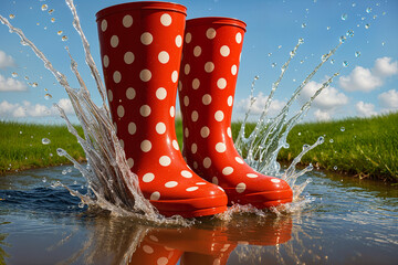 Botas de agua rojas con lunares blancos chapoteando en un charco de agua