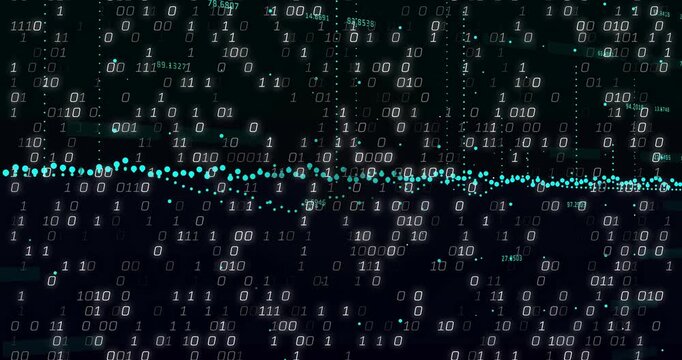 Data surge starting, teal node line rippling and absorbing binary digits showing rising density